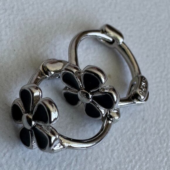Sterling Silver 925 Black Enamel Flower Hoop Earrings - Picture 1 of 8